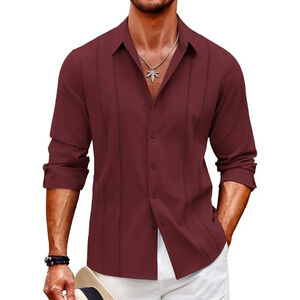 ❤️Mens Red Cuban  Shirt Casual Button Down Shirts Long Sleeve Beach Linen Shirts